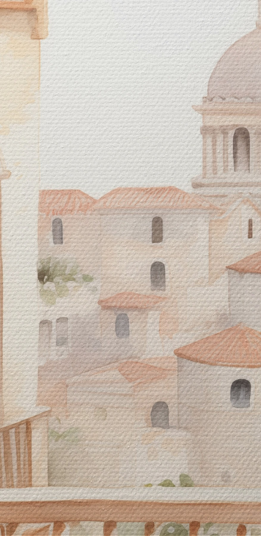 Aquarellmalerei eines Balkons mit Blick auf eine Stadt