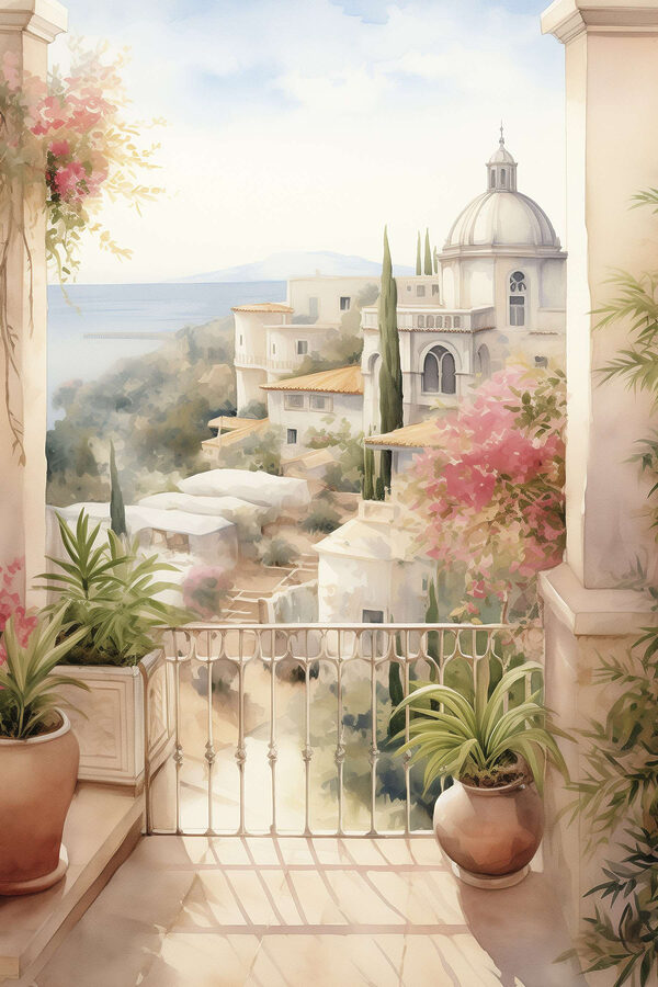 Aquarell eines Balkons mit Blick auf eine Stadt Aquarell eines Balkons mit Blick auf eine Stadt