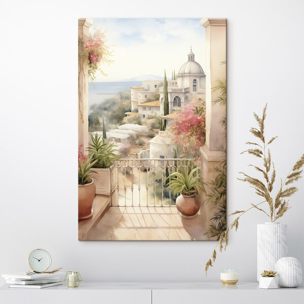 Aquarell eines Balkons mit Blick auf eine Stadt Aquarell eines Balkons mit Blick auf eine Stadt