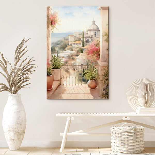 Aquarell eines Balkons mit Blick auf eine Stadt Aquarell eines Balkons mit Blick auf eine Stadt