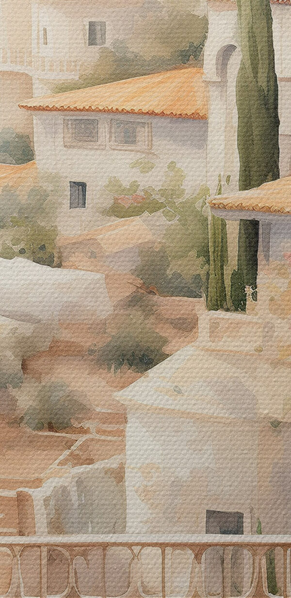 Aquarell eines Balkons mit Blick auf eine Stadt Aquarell eines Balkons mit Blick auf eine Stadt