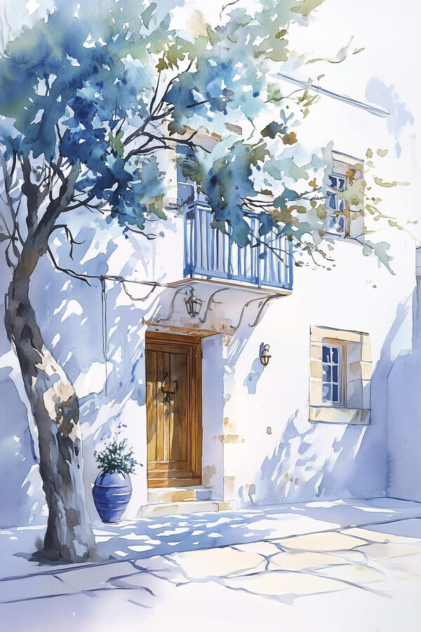 Aquarell eines Gebäudes mit einem Baum und einem Balkon Aquarell eines Gebäudes mit einem Baum und einem Balkon