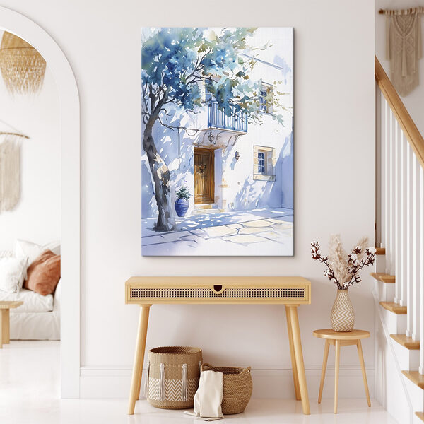 Aquarell eines Gebäudes mit einem Baum und einem Balkon Aquarell eines Gebäudes mit einem Baum und einem Balkon