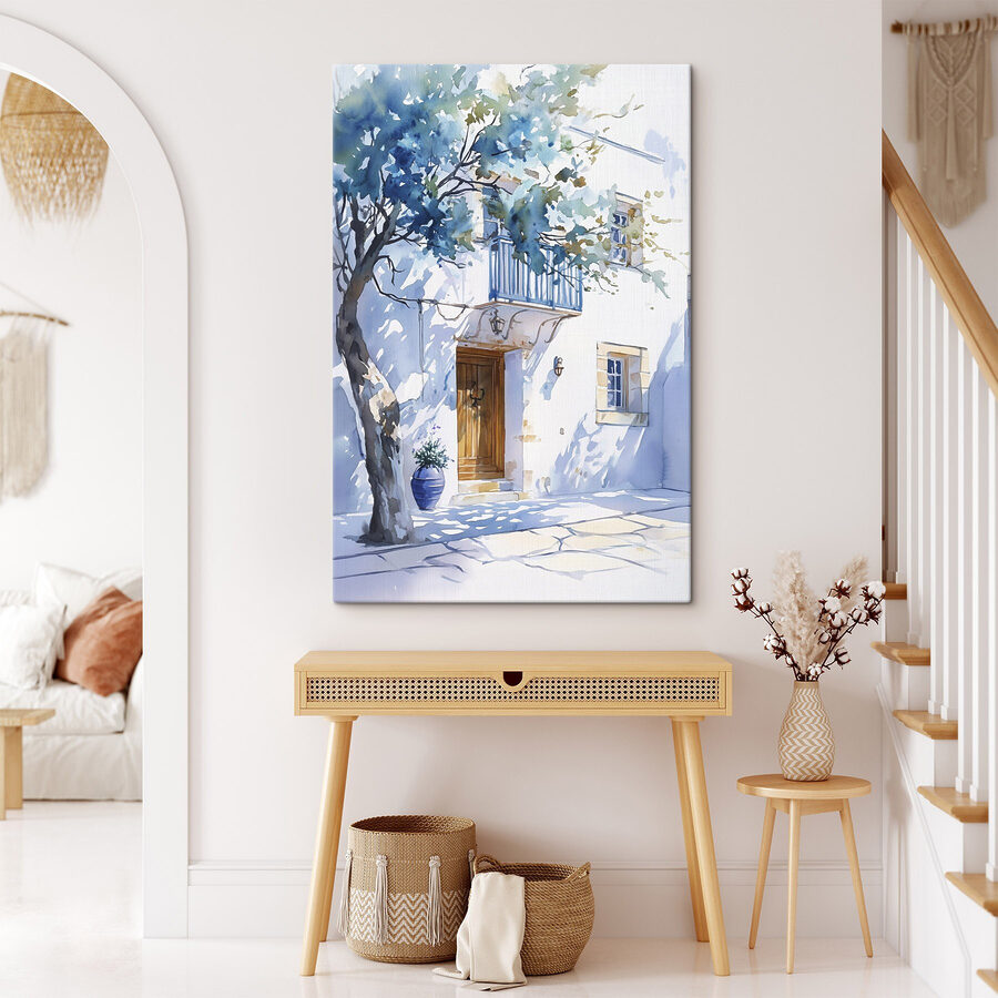Aquarell eines Gebäudes mit einem Baum und einem Balkon
