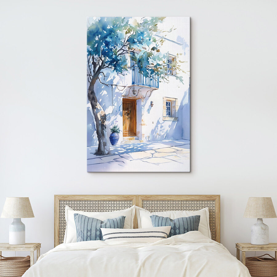 Aquarell eines Gebäudes mit einem Baum und einem Balkon