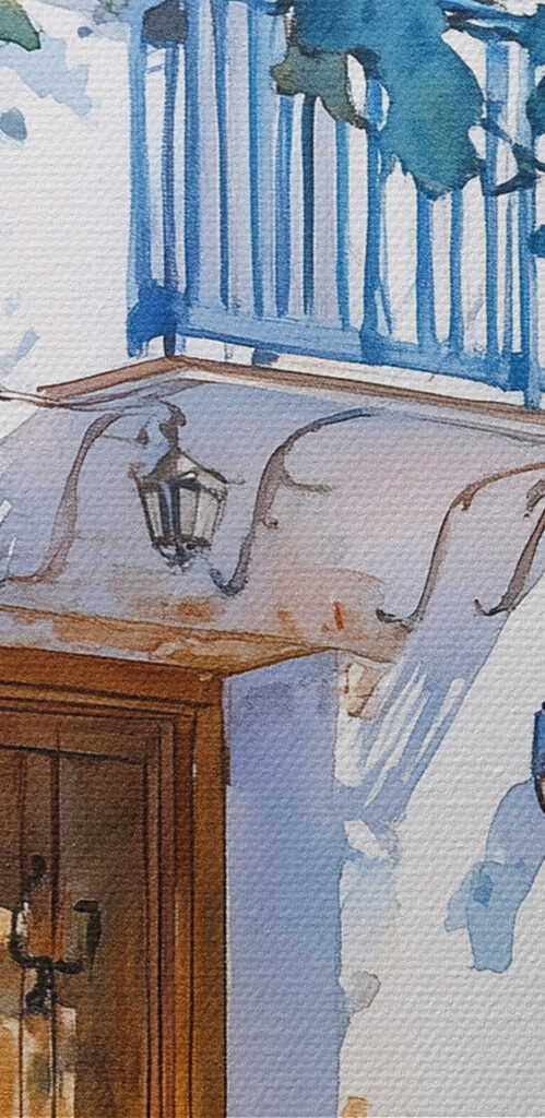 Watercolor of a building with a tree and a balcony