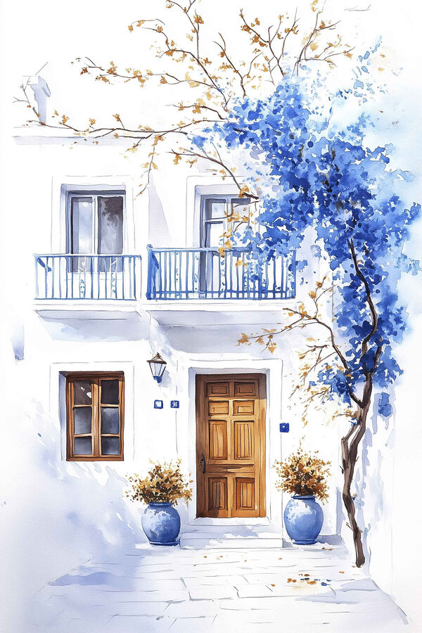 Aquarellmalerei eines Gebäudes mit Balkon und blauen Blumen Aquarellmalerei eines Gebäudes mit Balkon und blauen Blumen