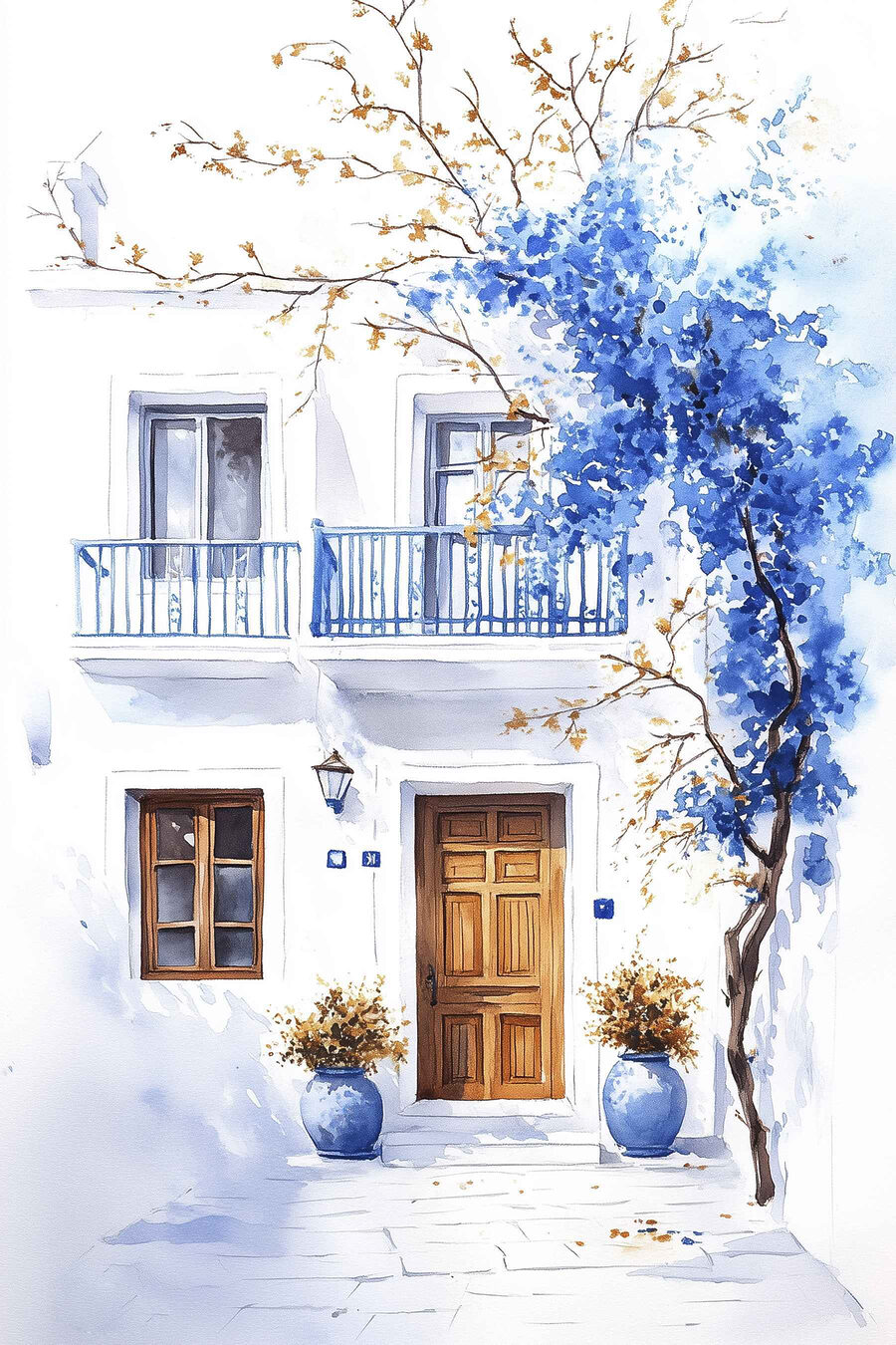 Aquarellmalerei eines Gebäudes mit Balkon und blauen Blumen