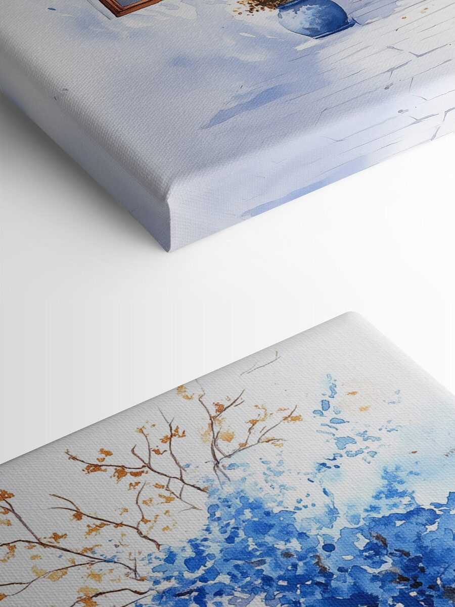 Aquarellmalerei eines Gebäudes mit Balkon und blauen Blumen