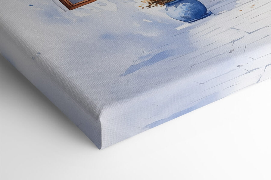 Aquarellmalerei eines Gebäudes mit Balkon und blauen Blumen