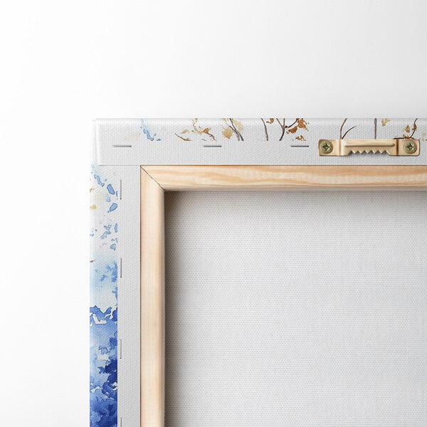 Aquarellmalerei eines Gebäudes mit Balkon und blauen Blumen Aquarellmalerei eines Gebäudes mit Balkon und blauen Blumen