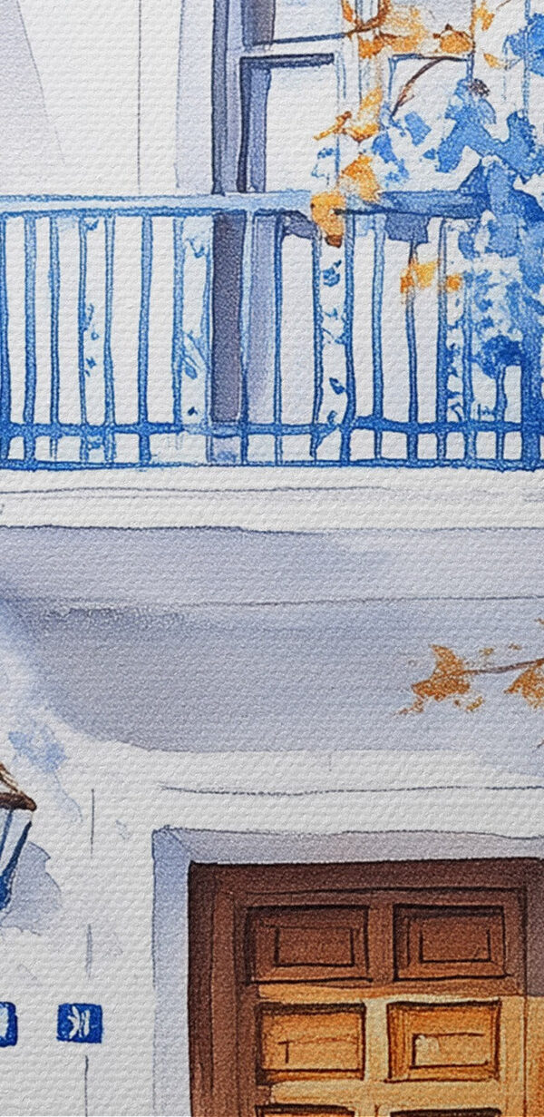 Aquarellmalerei eines Gebäudes mit Balkon und blauen Blumen Aquarellmalerei eines Gebäudes mit Balkon und blauen Blumen
