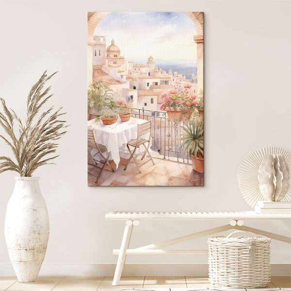 Aquarell von einem Tisch und Stühlen auf einem Balkon mit Blick auf eine Stadt Aquarell von einem Tisch und Stühlen auf einem Balkon mit Blick auf eine Stadt