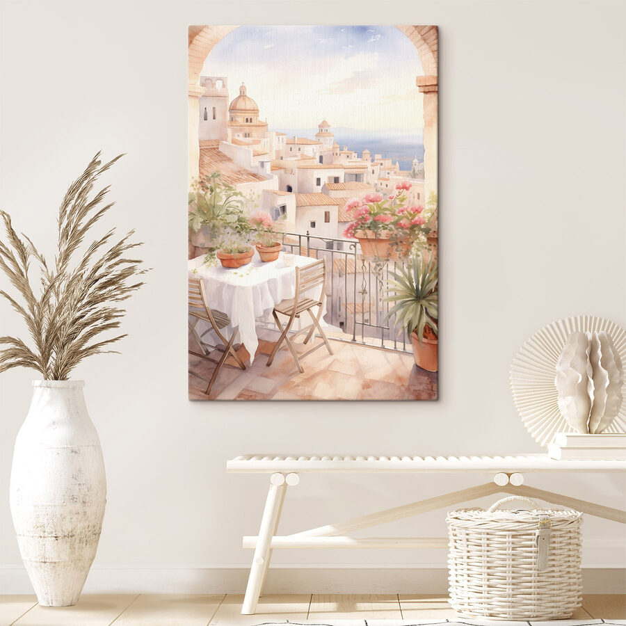 Aquarell von einem Tisch und Stühlen auf einem Balkon mit Blick auf eine Stadt