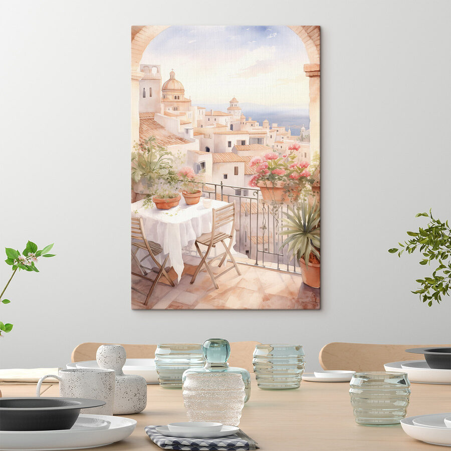 Aquarell von einem Tisch und Stühlen auf einem Balkon mit Blick auf eine Stadt