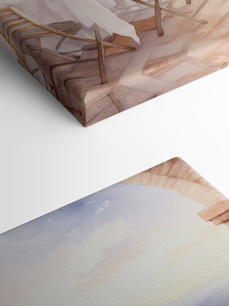 Watercolor painting of a table and chairs on a balcony overlooking a city