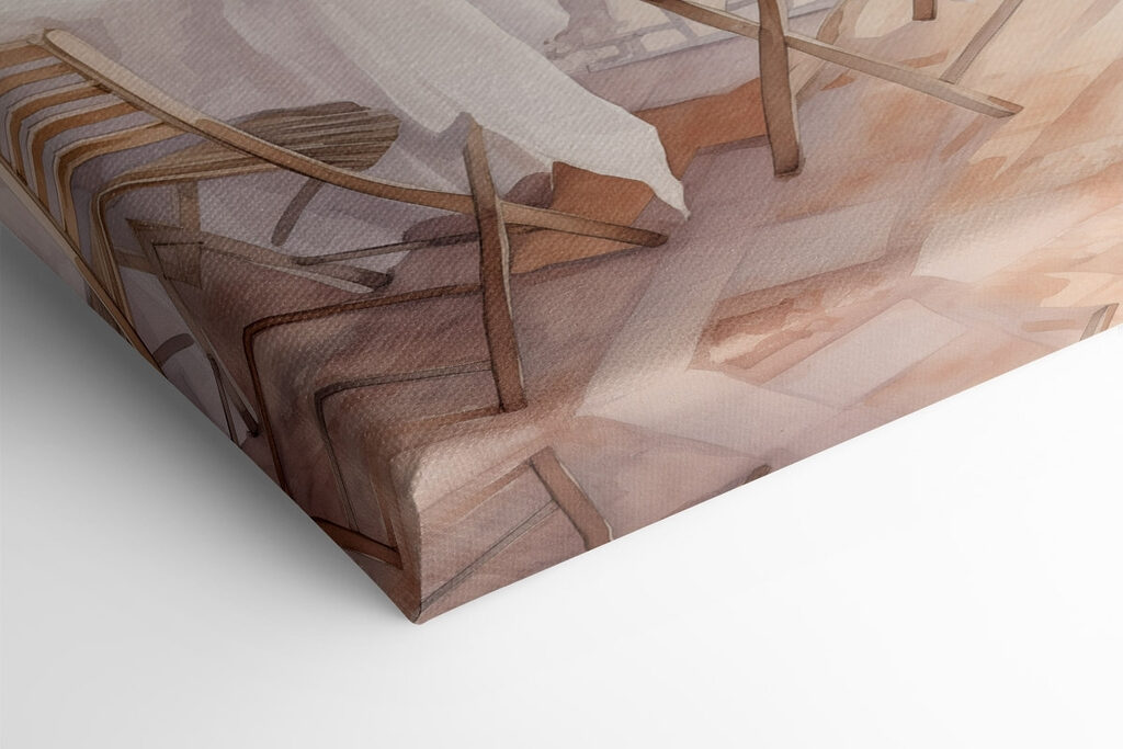 Watercolor painting of a table and chairs on a balcony overlooking a city