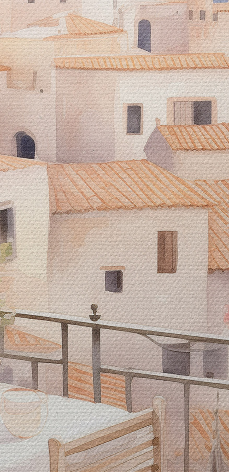 Aquarell von einem Tisch und Stühlen auf einem Balkon mit Blick auf eine Stadt