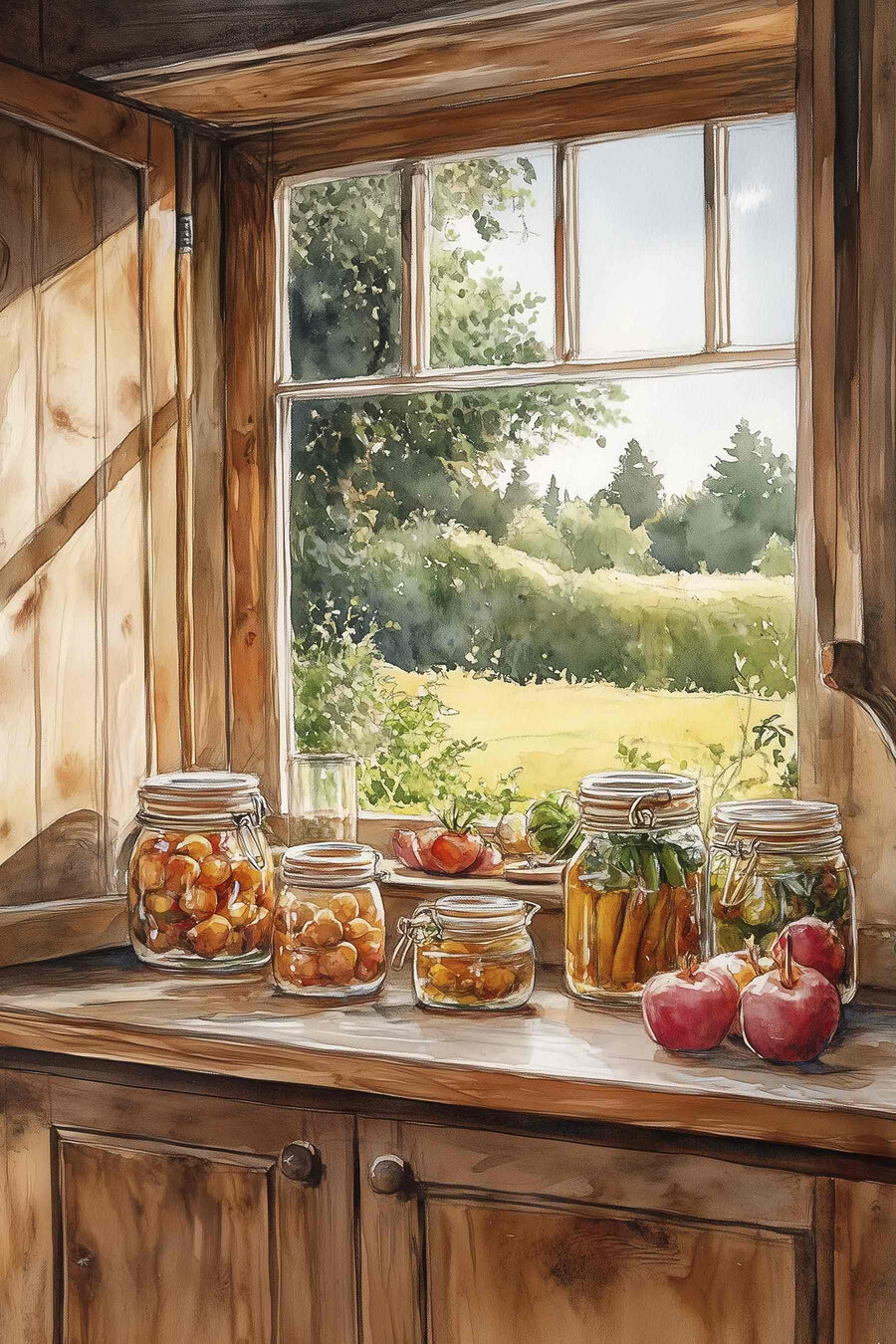 Aquarell von Gläsern mit Lebensmitteln auf einer Fensterbank