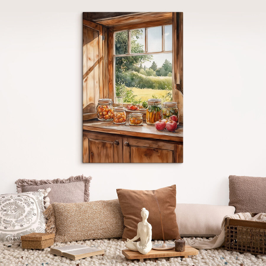 Aquarell von Gläsern mit Lebensmitteln auf einer Fensterbank