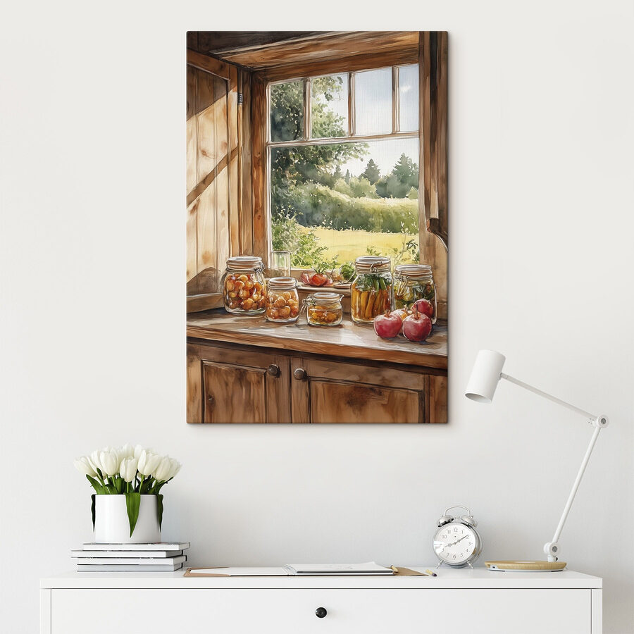 Aquarell von Gläsern mit Lebensmitteln auf einer Fensterbank