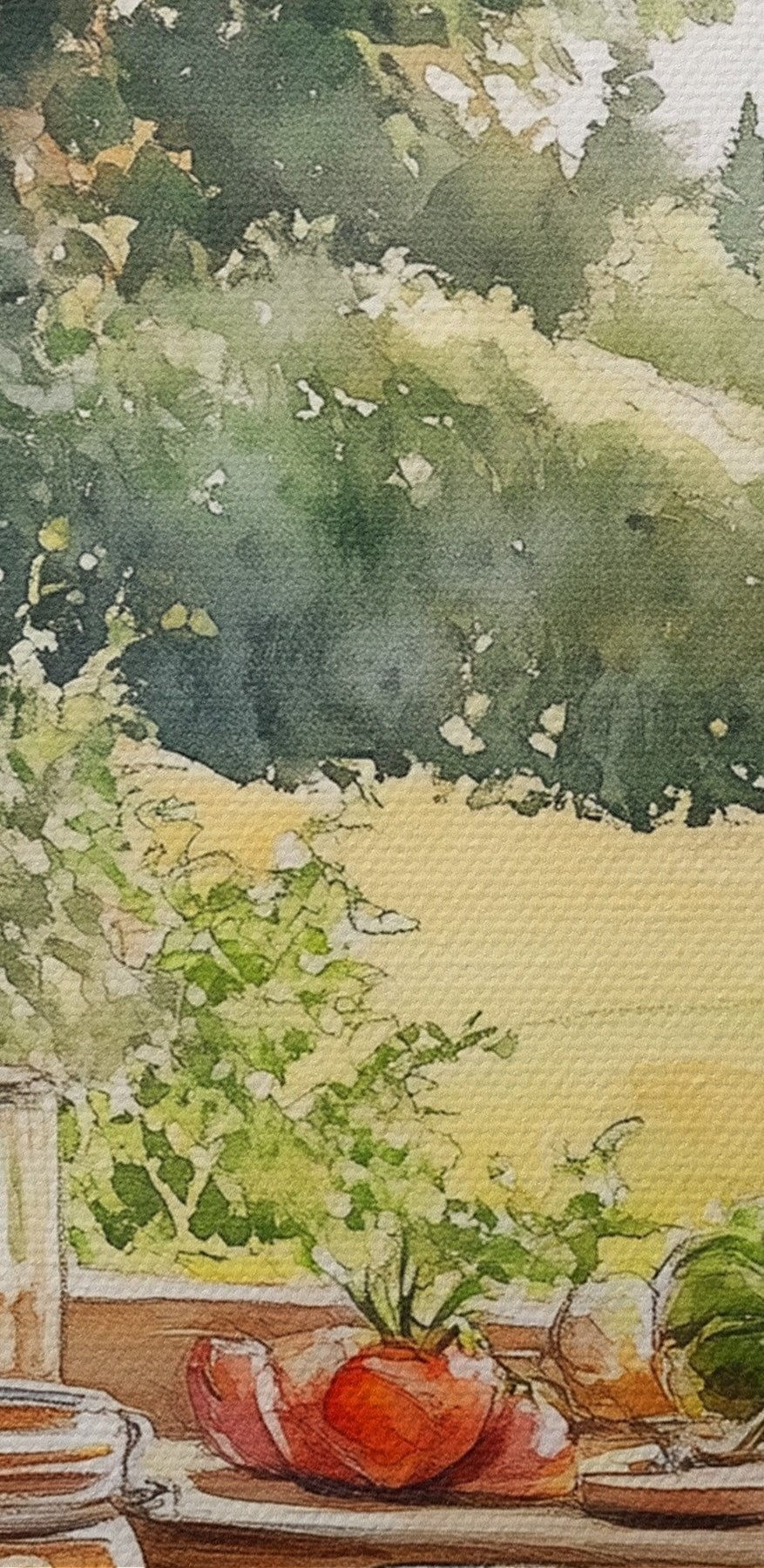 Aquarell von Gläsern mit Lebensmitteln auf einer Fensterbank