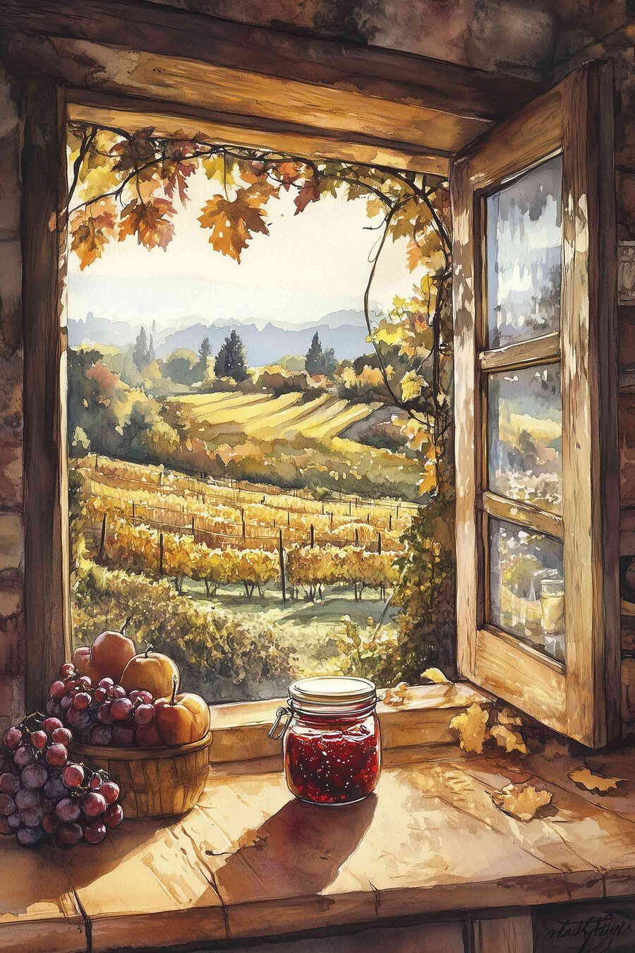 Fenster mit Blick auf einen Weinberg und ein Glas Marmelade Fenster mit Blick auf einen Weinberg und ein Glas Marmelade