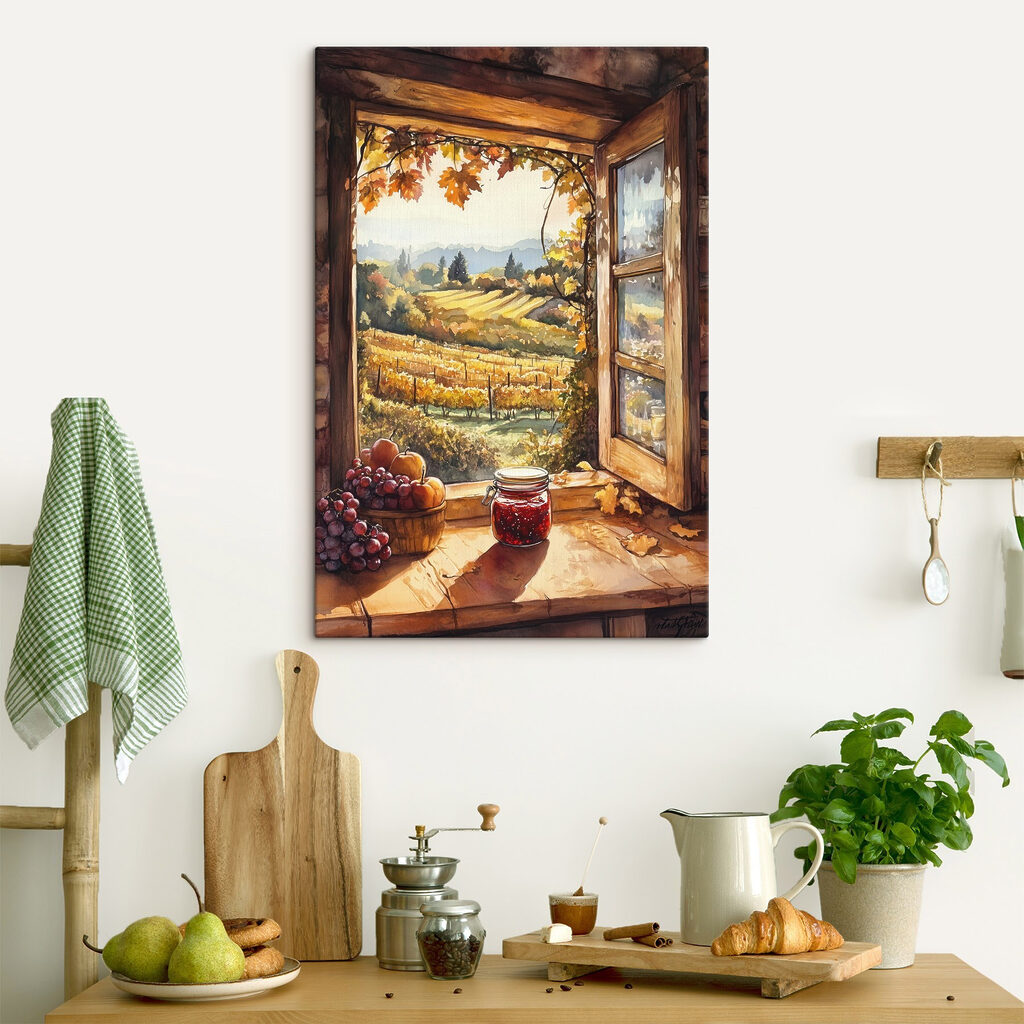 Window with a view of a vineyard and a jar of jam
