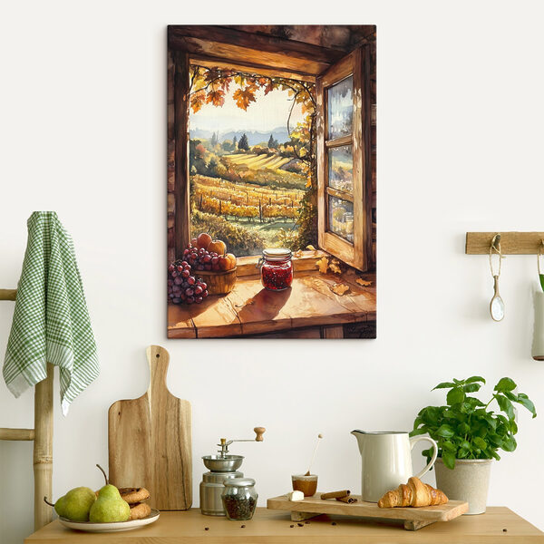 Fenster mit Blick auf einen Weinberg und ein Glas Marmelade Fenster mit Blick auf einen Weinberg und ein Glas Marmelade