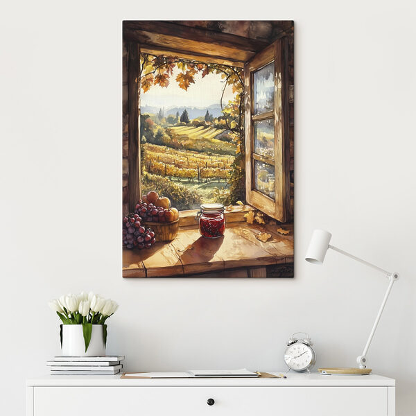 Fenster mit Blick auf einen Weinberg und ein Glas Marmelade Fenster mit Blick auf einen Weinberg und ein Glas Marmelade
