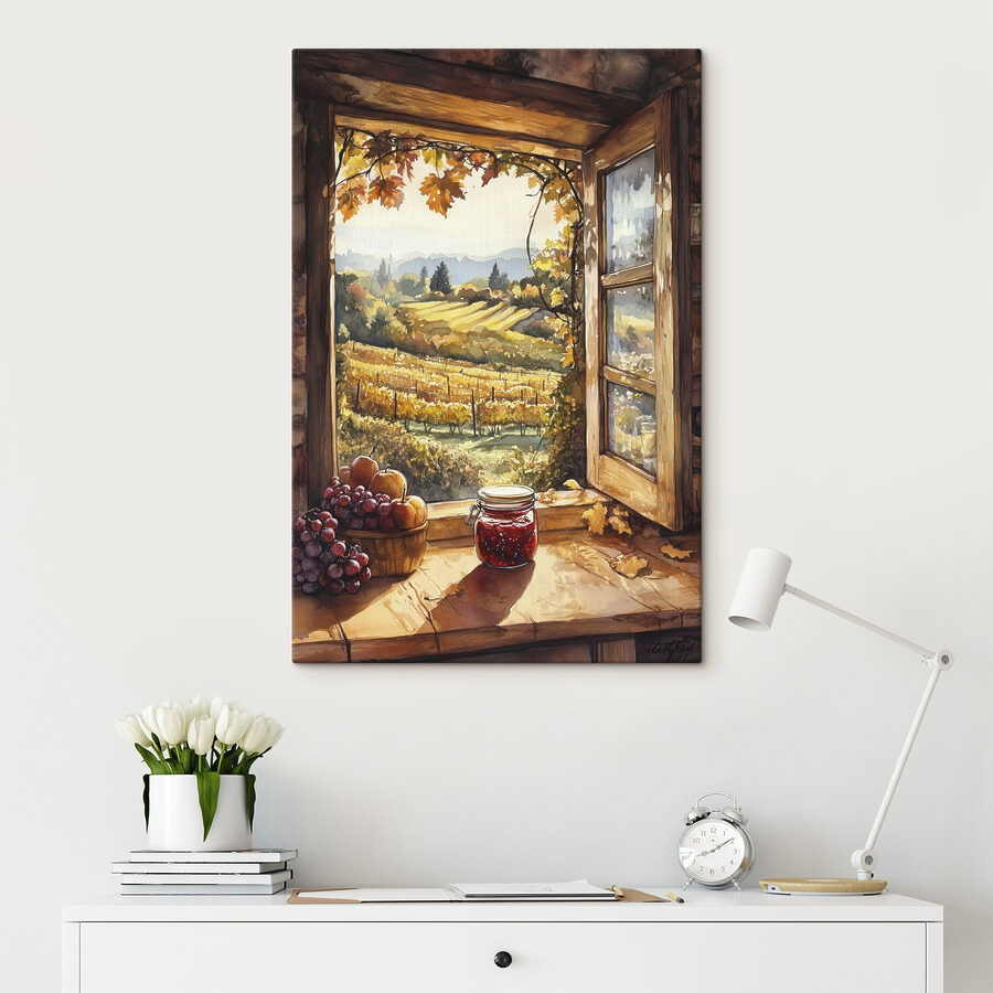 Fenster mit Blick auf einen Weinberg und ein Glas Marmelade Fenster mit Blick auf einen Weinberg und ein Glas Marmelade