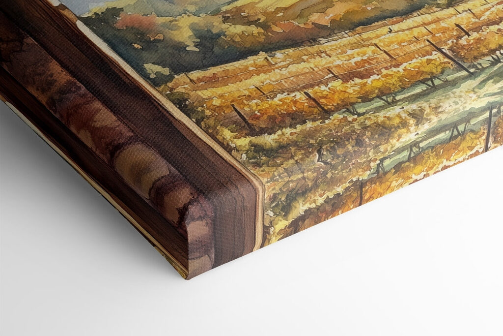 Window with a view of a vineyard and a jar of jam