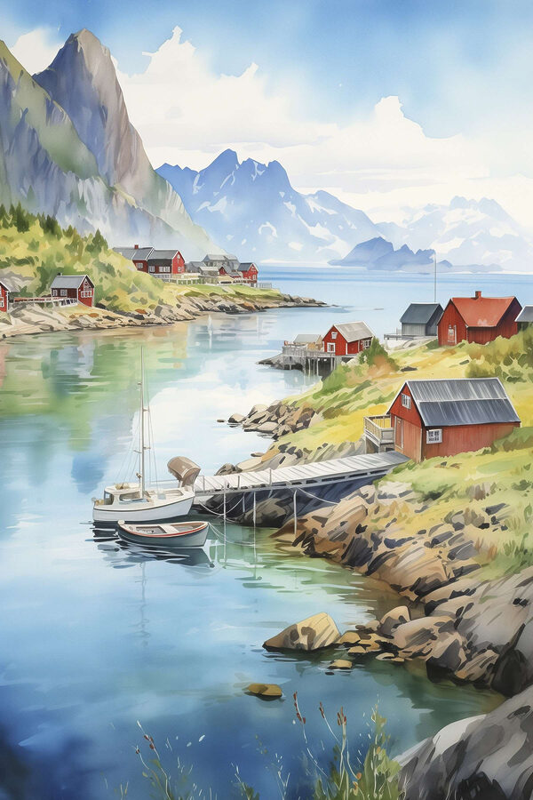 Aquarell eines Flusses mit einem Boot und Häusern auf dem Fluss Aquarell eines Flusses mit einem Boot und Häusern auf dem Fluss