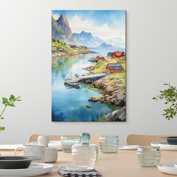 Aquarell eines Flusses mit einem Boot und Häusern auf dem Fluss Aquarell eines Flusses mit einem Boot und Häusern auf dem Fluss