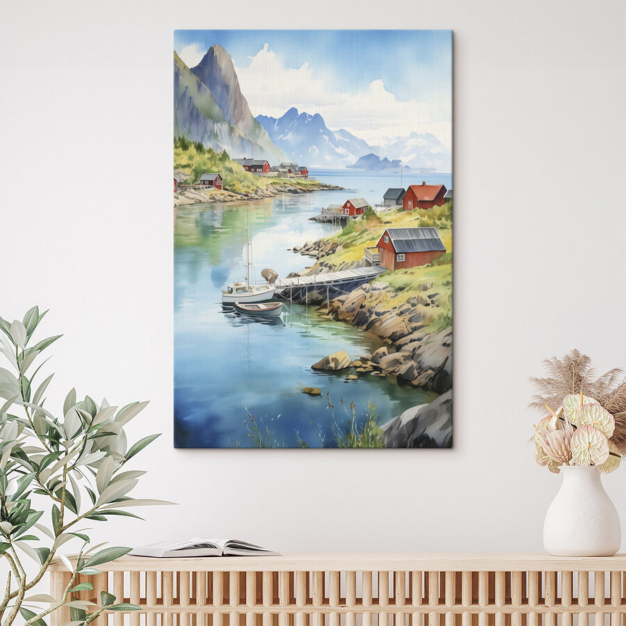 Aquarell eines Flusses mit einem Boot und Häusern auf dem Fluss Aquarell eines Flusses mit einem Boot und Häusern auf dem Fluss