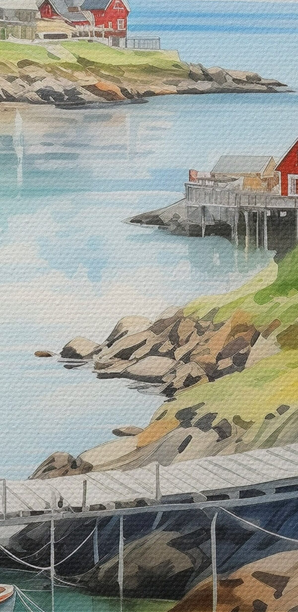 Aquarell eines Flusses mit einem Boot und Häusern auf dem Fluss Aquarell eines Flusses mit einem Boot und Häusern auf dem Fluss
