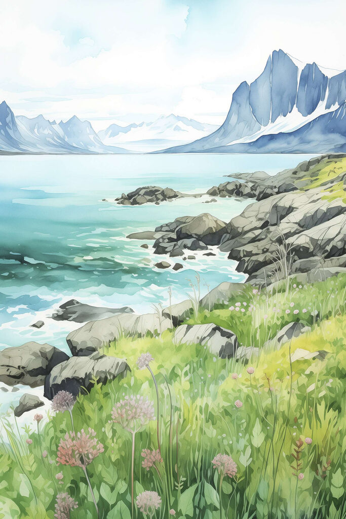 Watercolor painting of a rocky shore with mountains and a blue sky