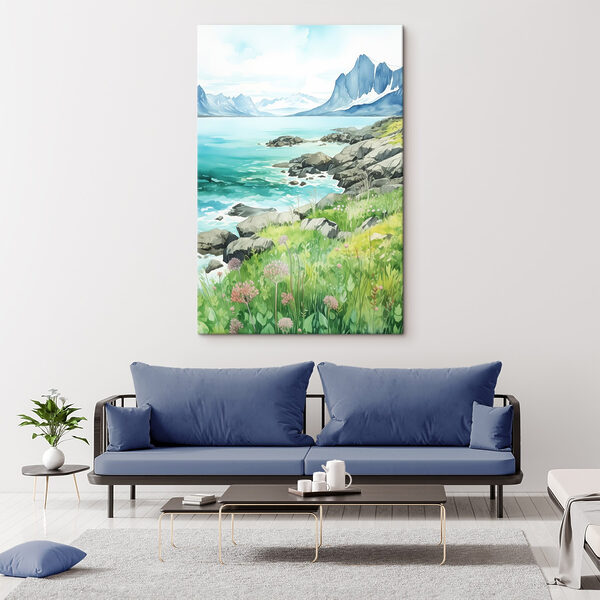 Aquarell eines felsigen Ufers mit Bergen und blauem Himmel Aquarell eines felsigen Ufers mit Bergen und blauem Himmel