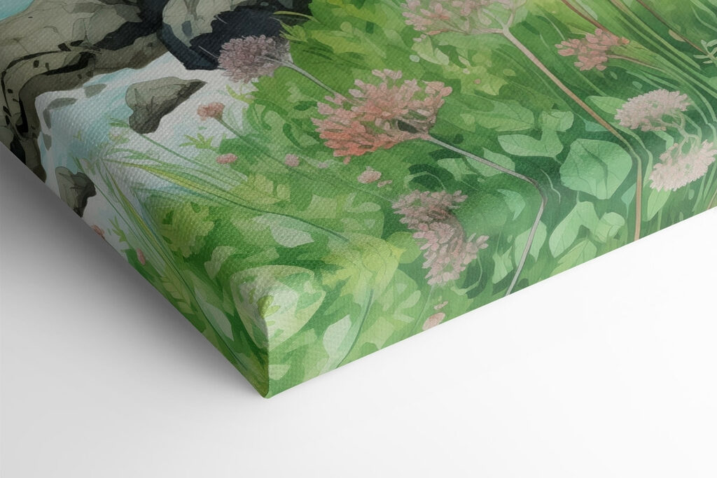 Watercolor painting of a rocky shore with mountains and a blue sky