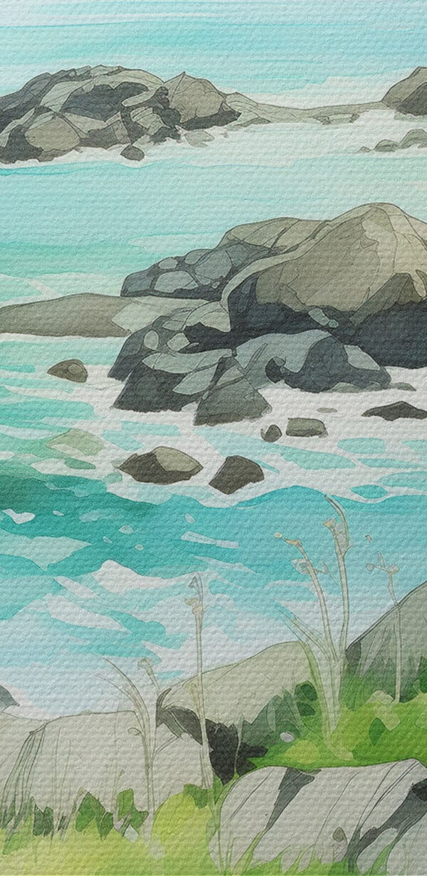 Aquarell eines felsigen Ufers mit Bergen und blauem Himmel Aquarell eines felsigen Ufers mit Bergen und blauem Himmel