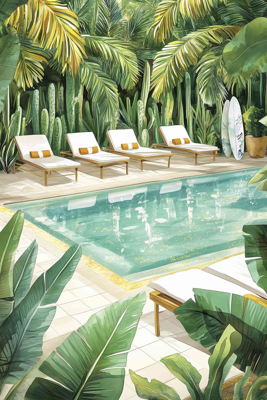 Pool mit Liegestühlen und Surfbrettern