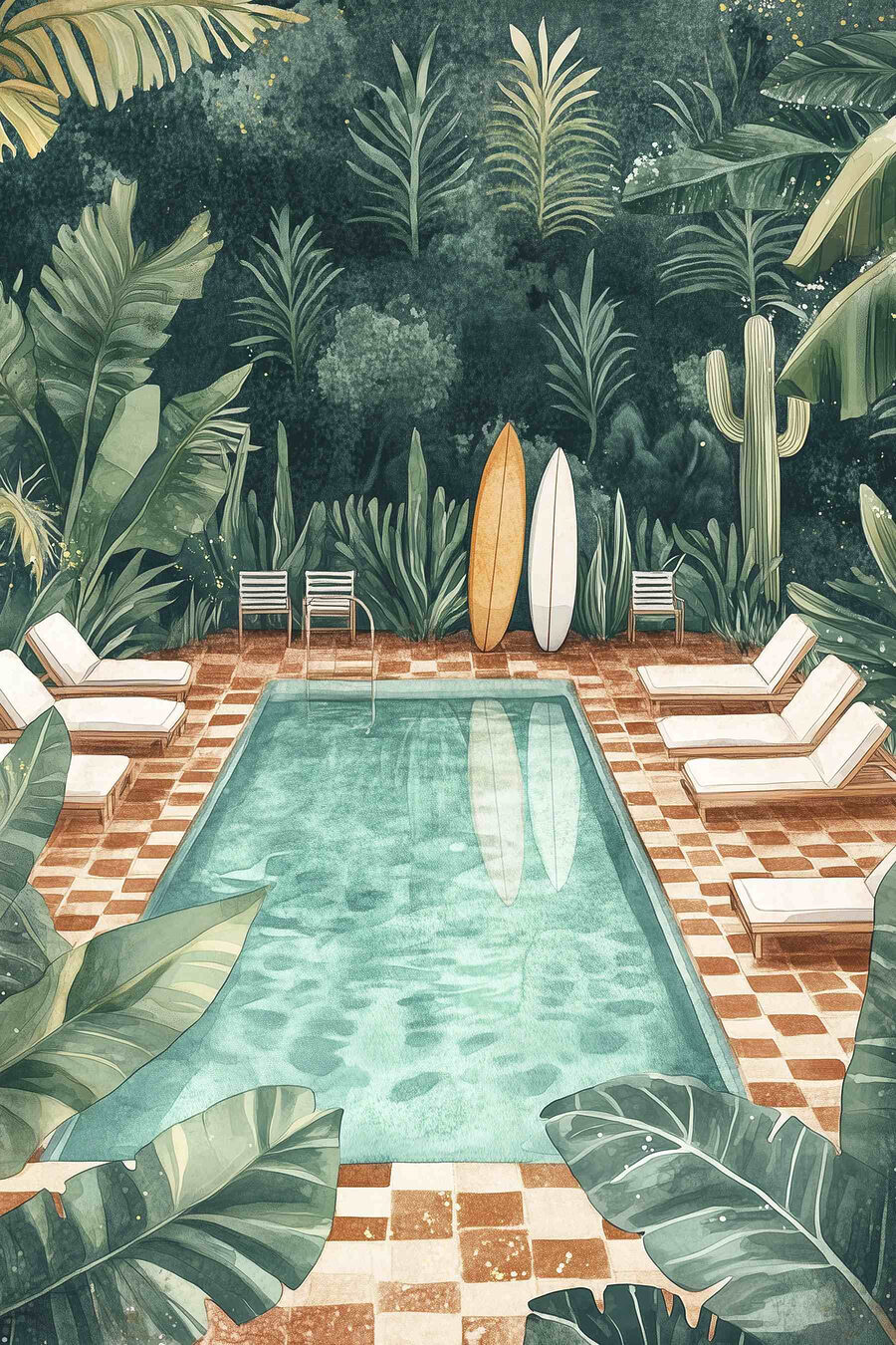 Pool mit Stühlen und Surfbrettern in der Mitte