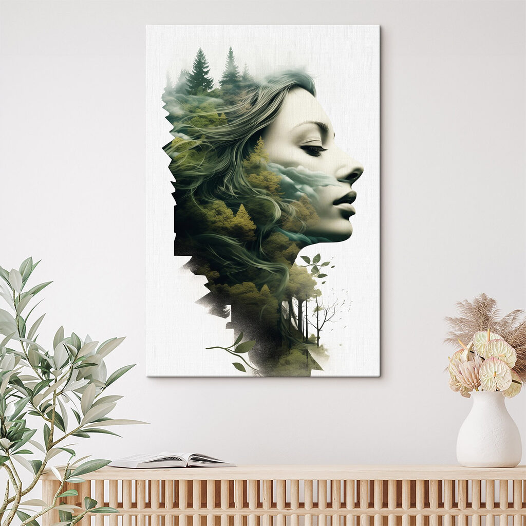 Woman's face with trees and clouds