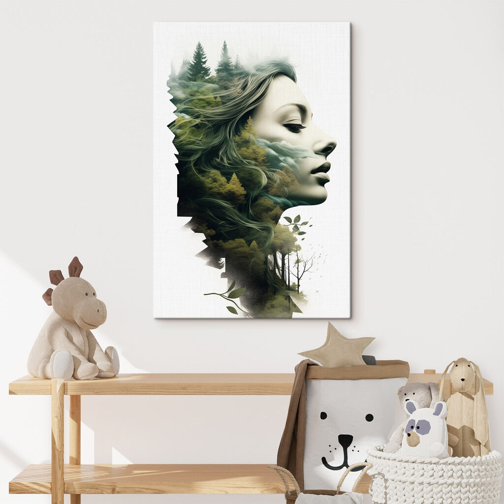 Woman's face with trees and clouds