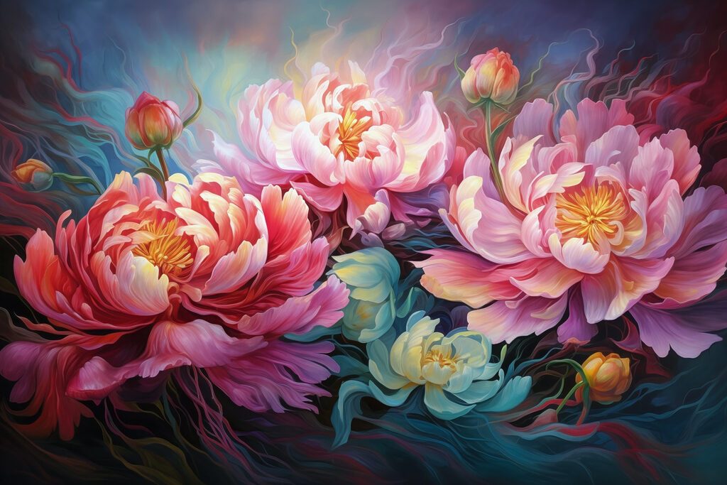 Gemälde mit Blumen auf blauem Hintergrund Gemälde mit Blumen auf blauem Hintergrund