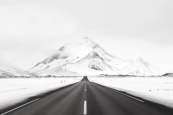 Straße, die zu einem verschneiten Berg führt Straße, die zu einem verschneiten Berg führt