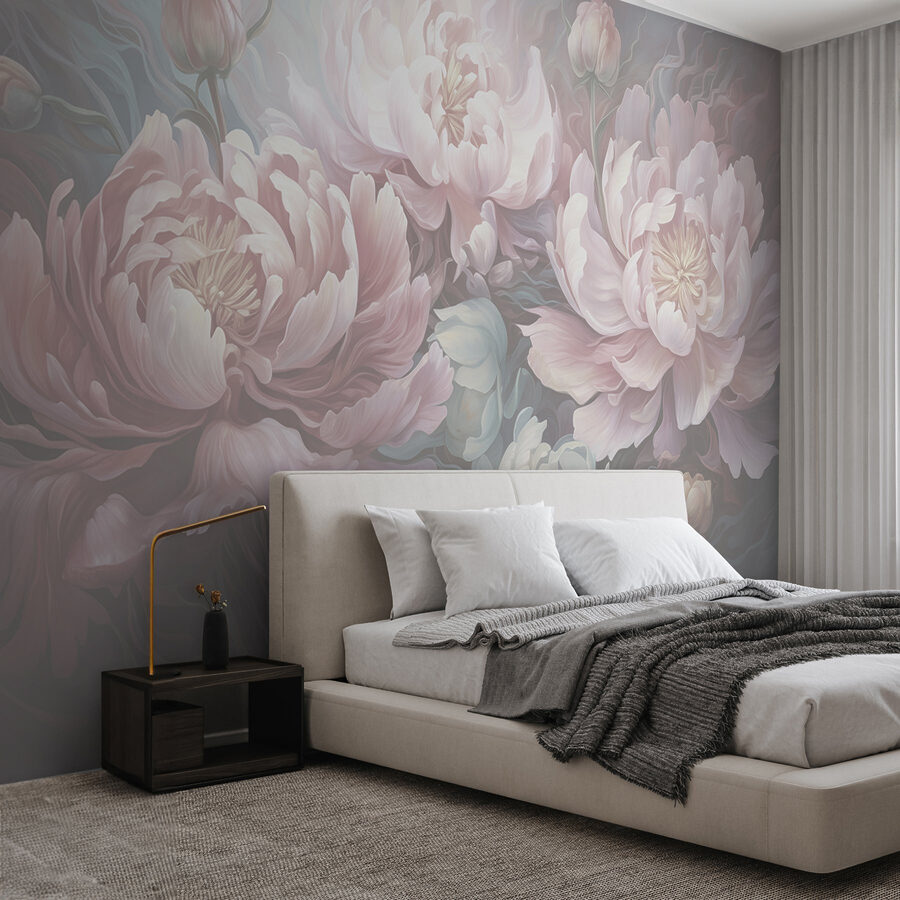 Gemälde mit Blumen auf grauem Hintergrund Gemälde mit Blumen auf grauem Hintergrund