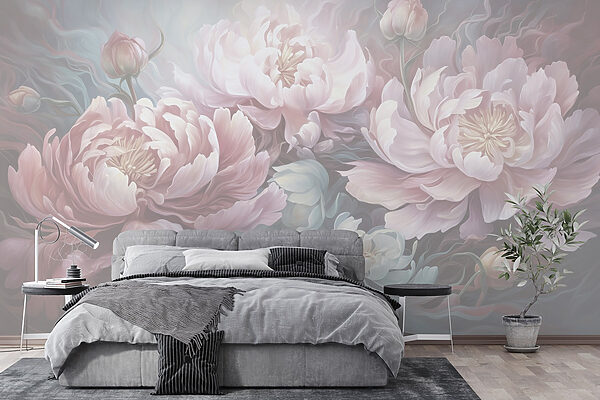 Gemälde mit Blumen auf grauem Hintergrund Gemälde mit Blumen auf grauem Hintergrund