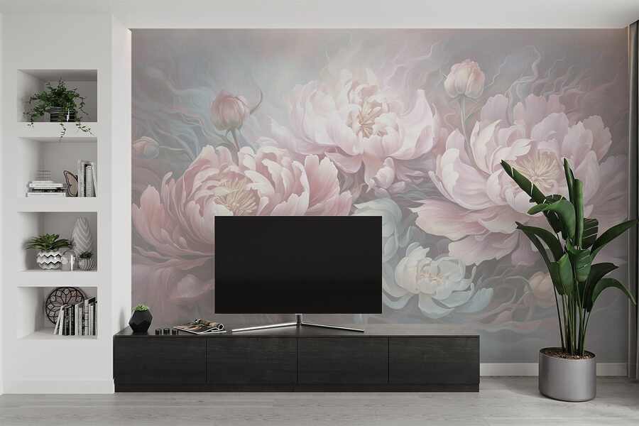 Gemälde mit Blumen auf grauem Hintergrund Gemälde mit Blumen auf grauem Hintergrund