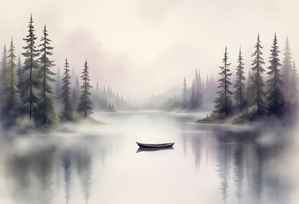 Boot auf einem See mit Bäumen im Hintergrund Boot auf einem See mit Bäumen im Hintergrund